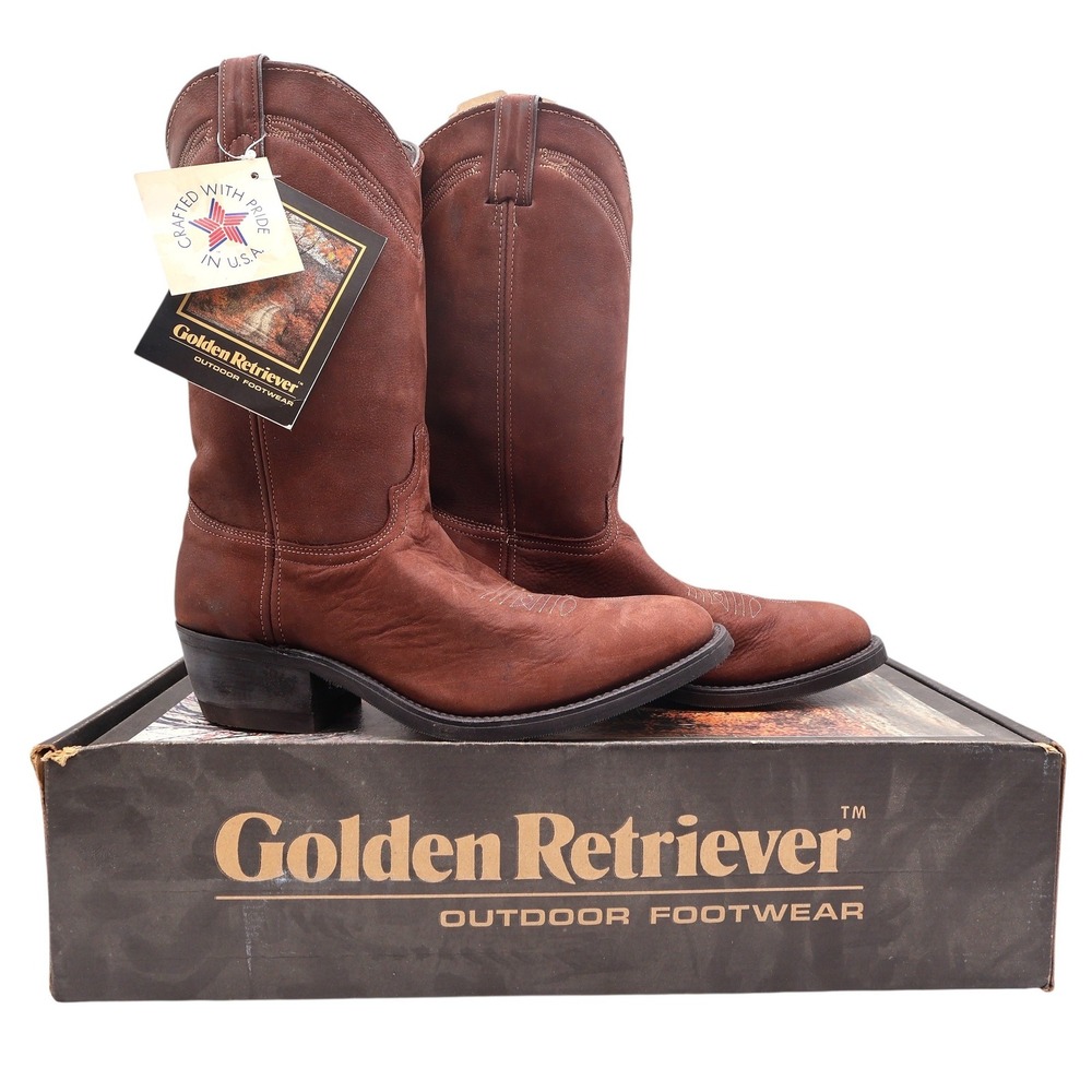 Golden Retriever Vintage Western Boots Mens 10 D Brown Leather NIB Made in USA